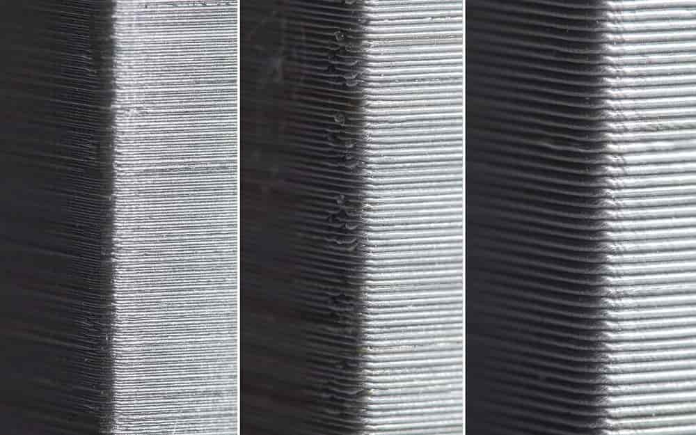 مقایسه میزان ضخامت لایه ها در سطح یک قطعه پرینت سه بعدی شده (از راست به چپ ۳۰۰ ، ۲۰۰ و ۱۰۰ میکرون)